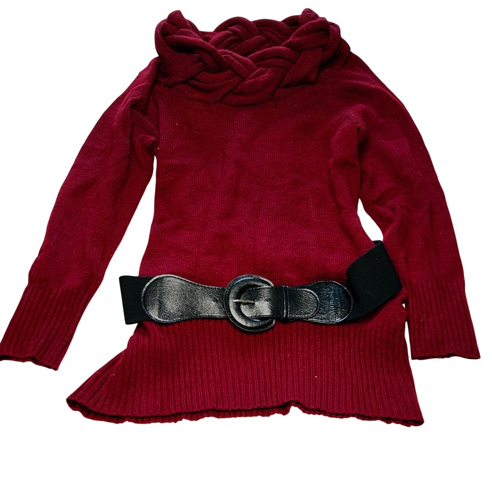 New Directions Red Cowl‎ Neck Sweater Tunic Large Belted Braided Cable Knit L